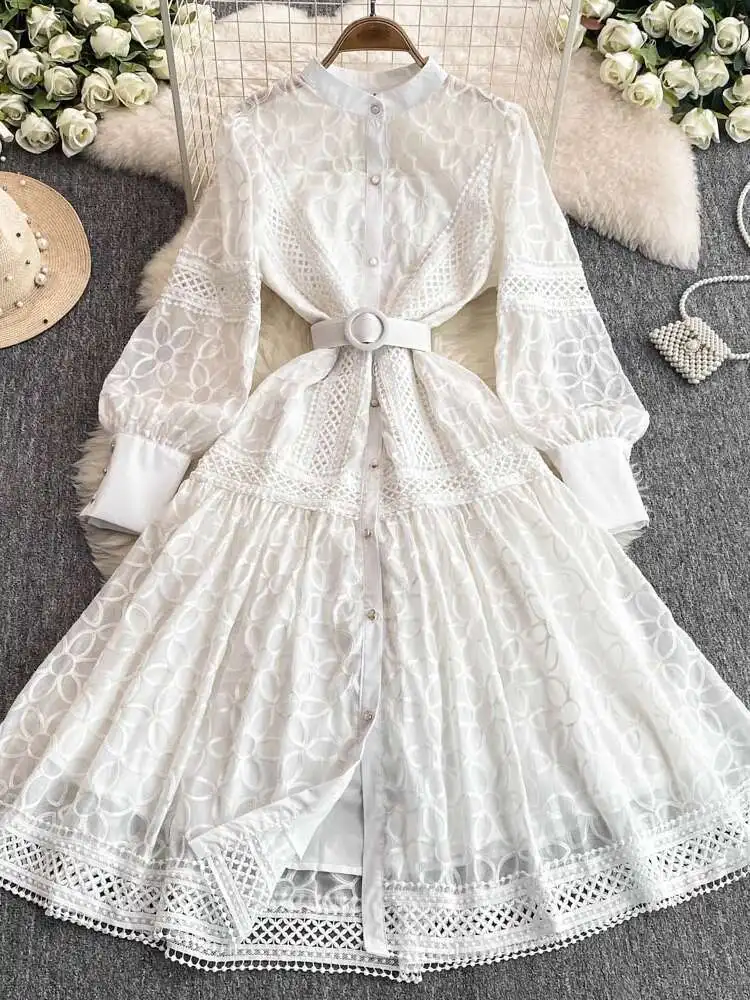 Luxury White Midi Dresses Women Summer Palace Style Single Breasted Pearls Embroidery Lace Evening Party Wedding Long Dress
