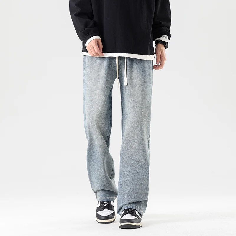 Men's 2024 Spring and Autumn New Fashion Splicing Pocket Drawstring Draping Loose Retro Straight Leg Casual Wide Leg Jeans