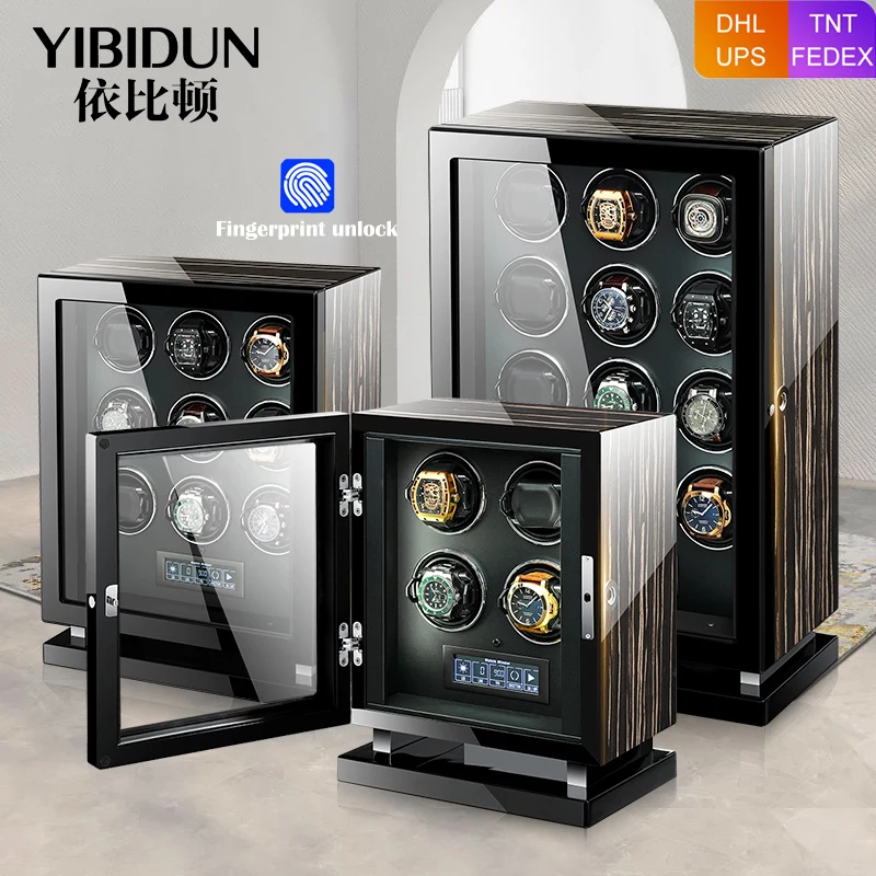 Fingerprint Unlock Automatic Watch Winder Luxury 2 4 6 Slot Watches Box with LCD Touch Screen Wooden Watch Storage Safe Box