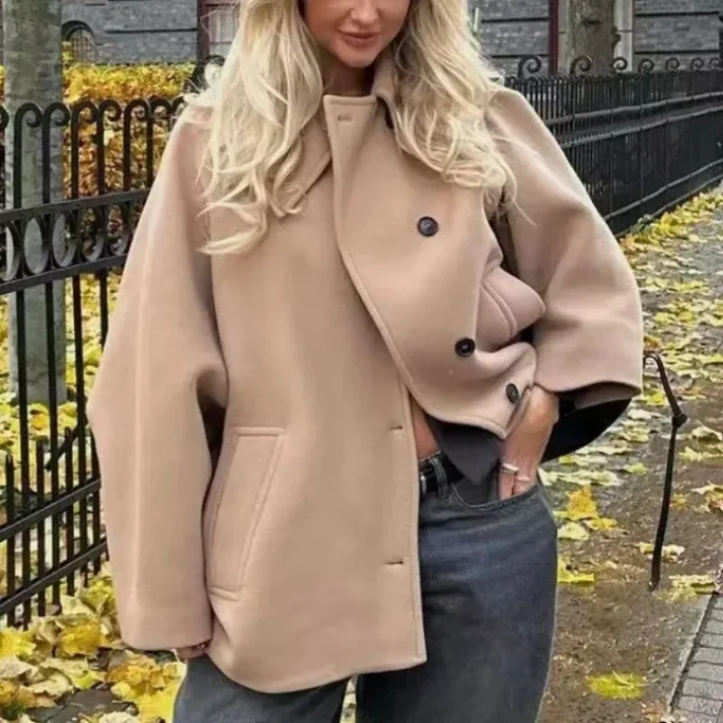 

Women's Oblique Button Loose Batwing Sleeve Jacket Coat Lapel Loose Double Pocket Warm Solid Vintage Outerwear Fall Winter Coat