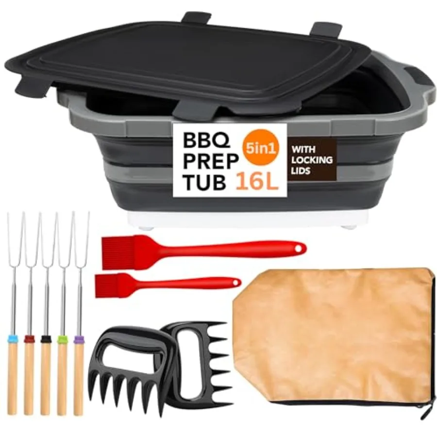 

Livingstones designs 5 in 1 Large 16L BBQ Prep Tub with Lid and 2 pcs Meat Shredder Claws 1 BBQ Prep Bag 2 Silicon Brushes 4 Fo
