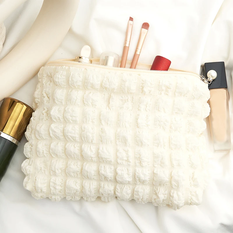 Travel Organizer Portable Zipper Soft Makeup Pouch for Lady Girls Popular Boho Reusable Bubble Cloth Capacity Cosmetic Bag