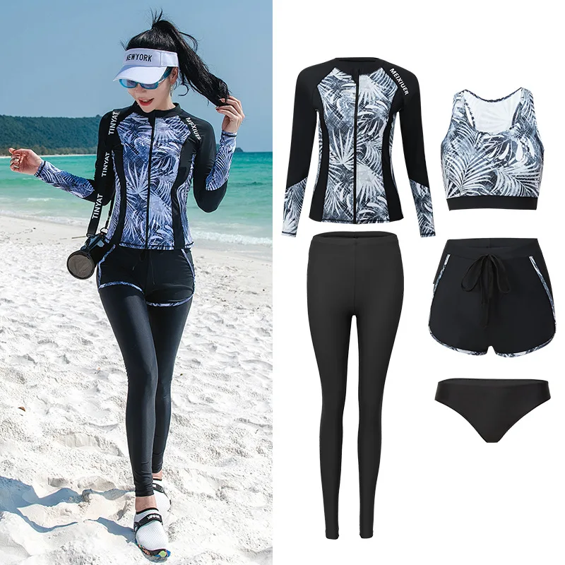 

Рашгард для женщин, 5 шт./компл., купальник с длинными рукавами и молнией спереди, защита от УФ-солнца, пляжная одежда для всего тела, купальные костюмы, бикини