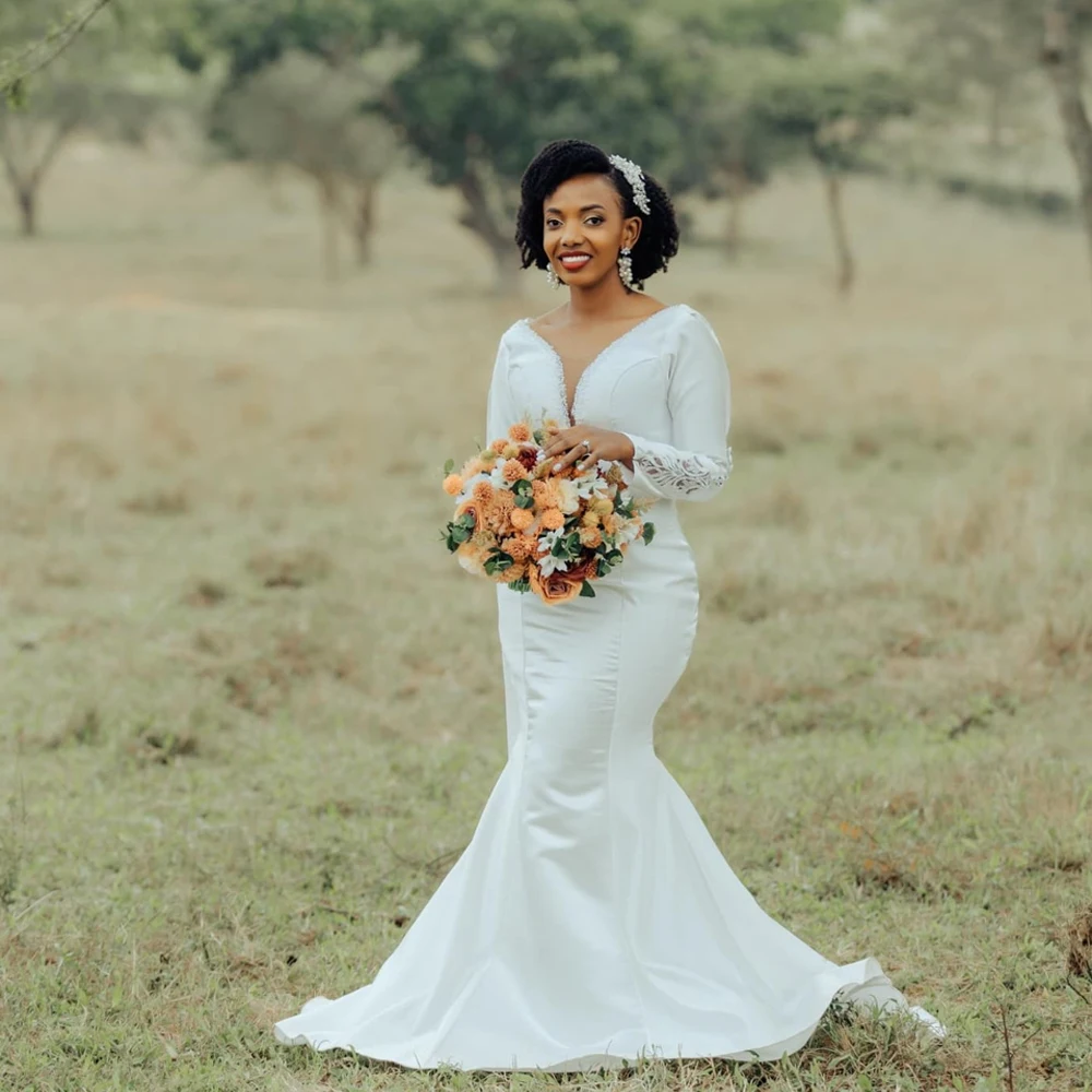 

Satin Wedding Dresses African Women V-Neck Full Sleeves Backless Beaded Applique Mermaid Elegant vestidos de novia Customized