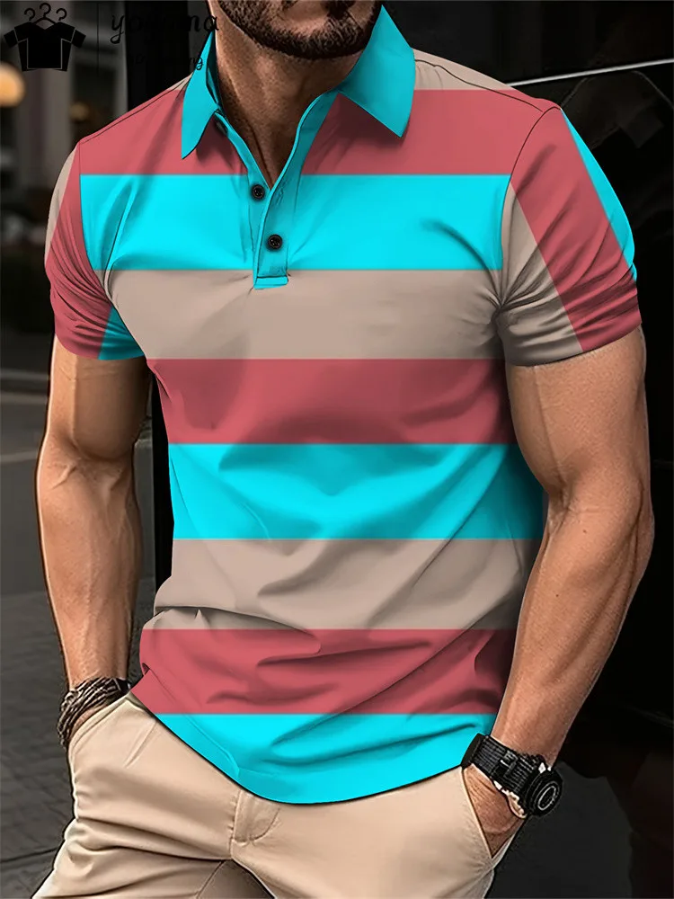 Men's Summer Short Clothes Sleeved Lapel 3d Printed T-Shirt Digital Striped Polo Shirt Men's Business Casual Fashion Top Clothes