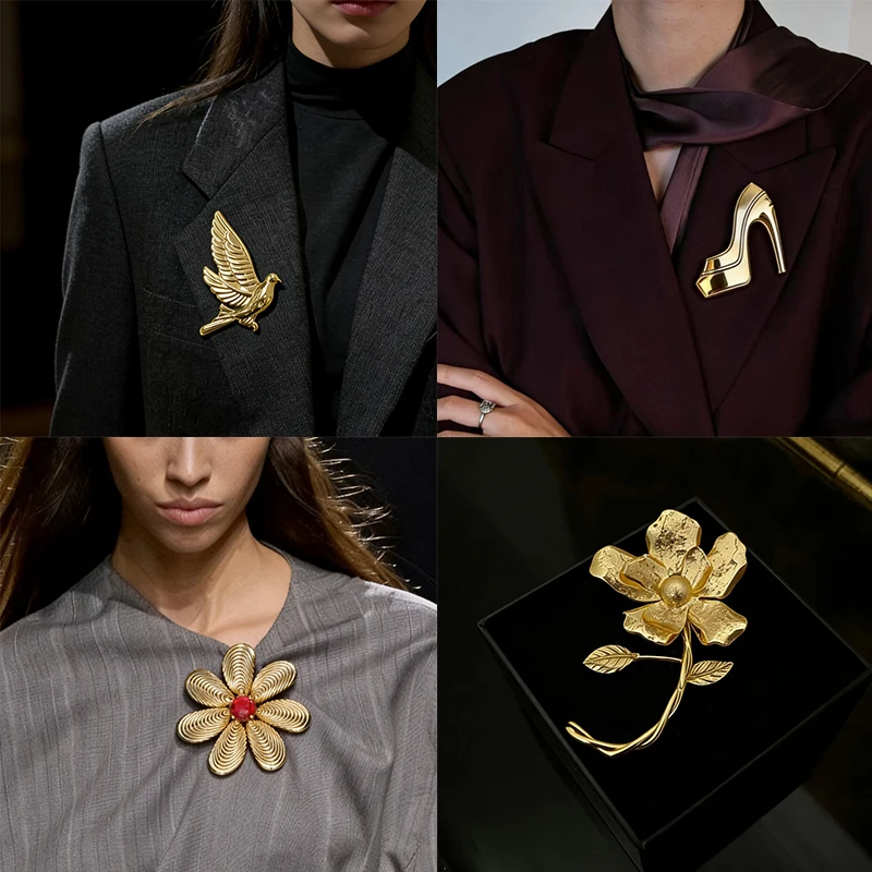 Oversized Flower Brooch Gold Tone Vintage Bird High Heel Statement Lapel Pin for Women Suit Decoration