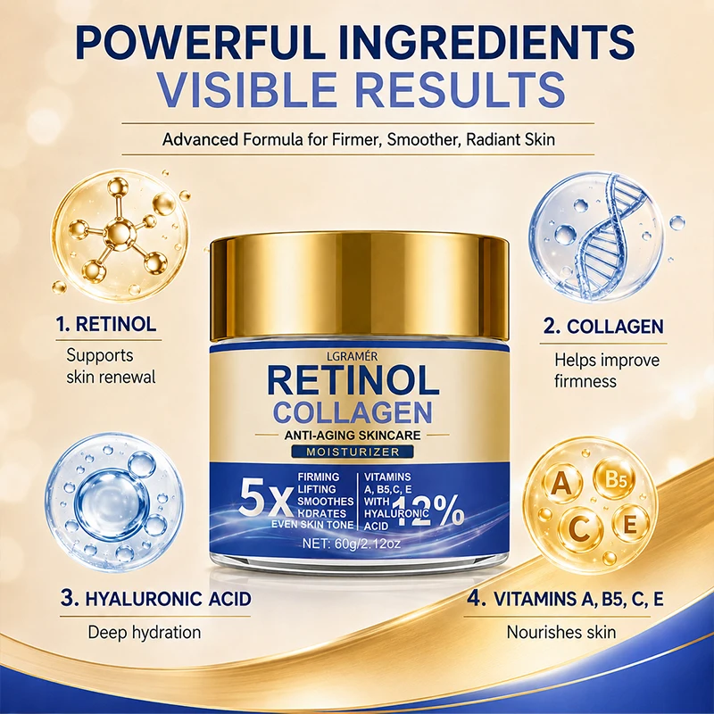 Retinol & Kollagen Gesichtscreme, Feuchtigkeitsspendende Anti-Aging-Creme zur Verbesserung der Hautstruktur, Straffung und Lifting mit Hyaluronsäure – Detail 4