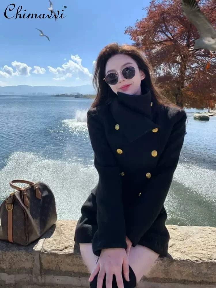 High-end Classic Fashion White Woolen Coat Women Autumn and Winter New Slim Elegant Long Sleeves Mid-length Black Woolen Coats