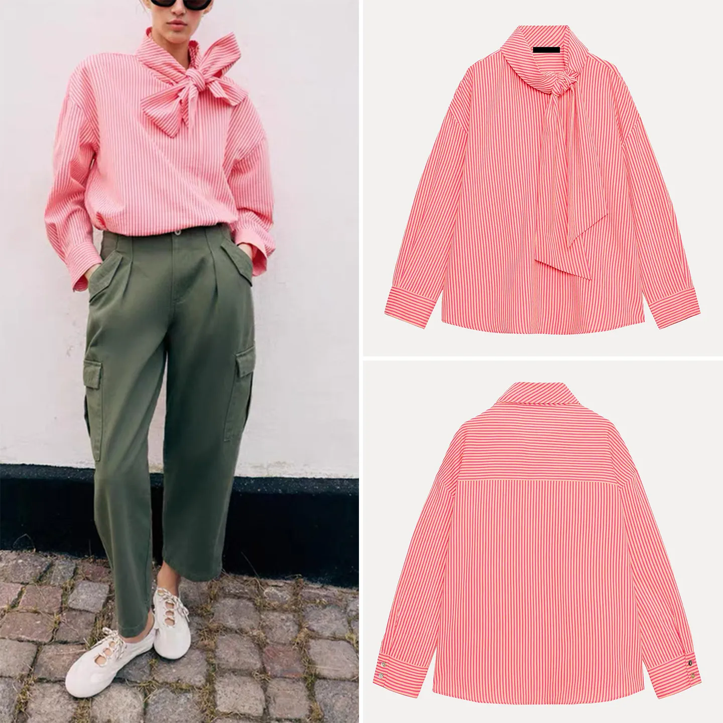 

Fashionable Striped Long Sleeve Stand Collar Knot Women's Shirt Spring 2026 ZADATA Commute Style Loose Fit Chinese ...