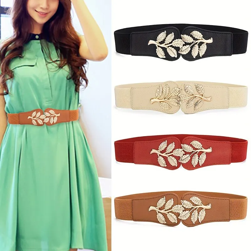 Women\'s Waist Cover Fashionable Gold Leaf Elastic Waist Closure With Double Hook Buckle Wide Belt Paired With Skirt Women Belt