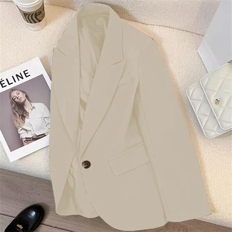Women Jacket Lapel Single Button Blazer Coat Full Sleeve Formal Solid Coat Y2k Streetwear Outerwear Work Pockets Autumn Winter