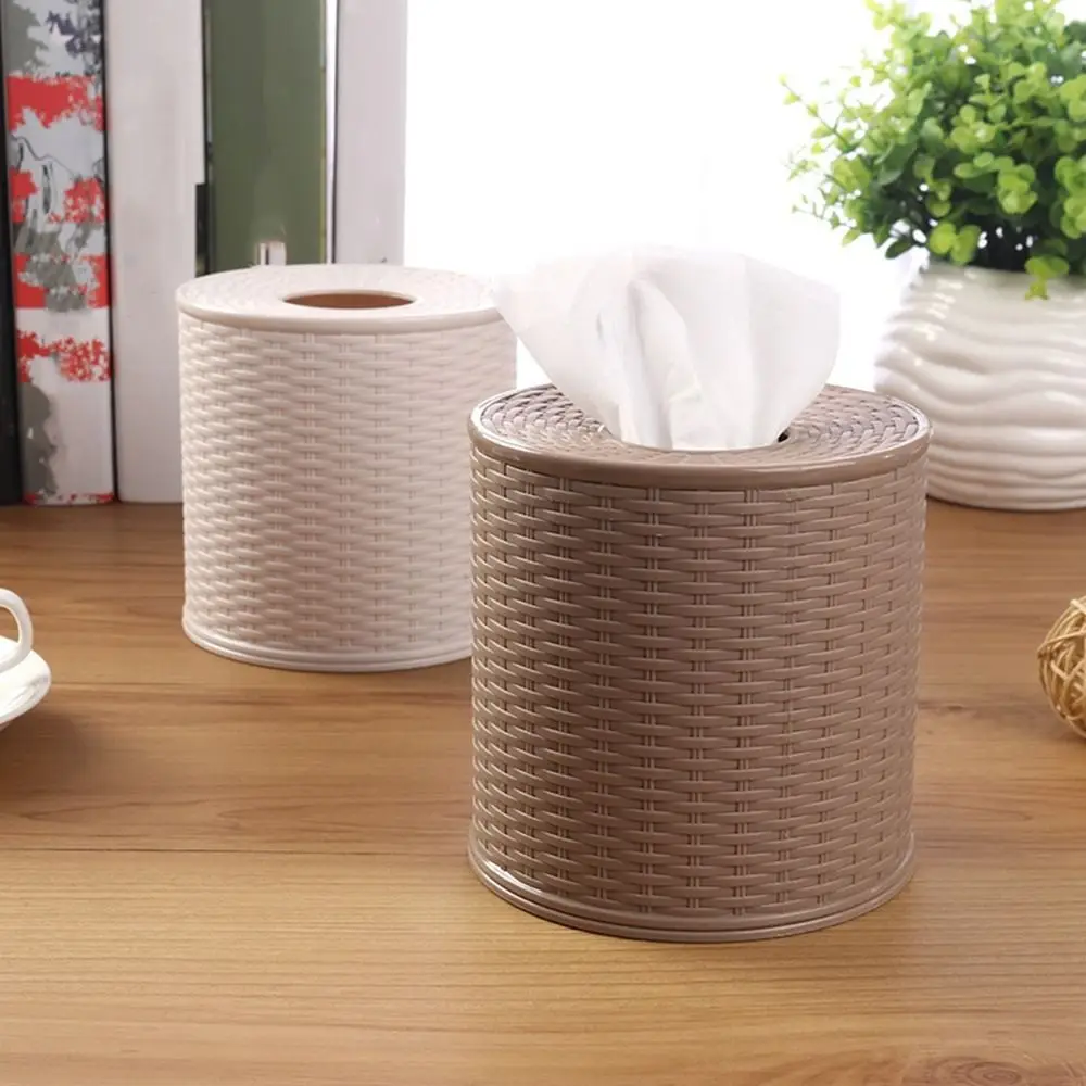 Beige/Dark Brown Simulation Rattan Tissue Storage Box Decorative Dustproof Roll Paper Rack Container Round Plastic Tissue Box