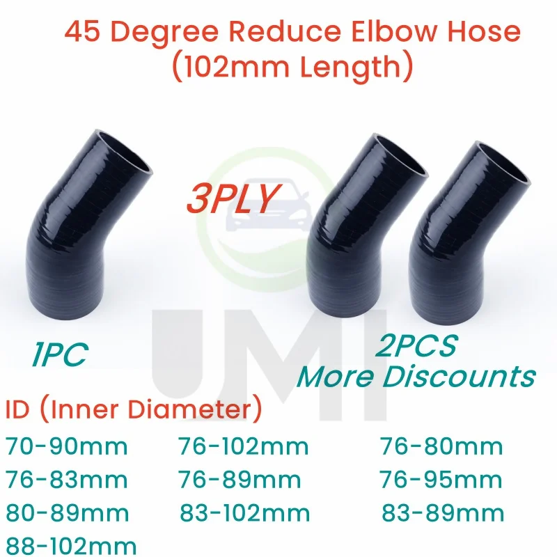 

Gloss Black 45° 45 degree Reduce Elbow Hose Silicone Intercooler ID70-90 76-102 76-80 76-83 76-89 76-95 80-89 1PC or 2PCS 3PLY