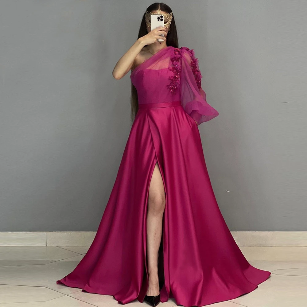 

Fuschia Satin Prom Dresses Arabic Tulle Long Sleeve One Shoulder Dubai Pink Formal Evening Gowns Engagement Dress