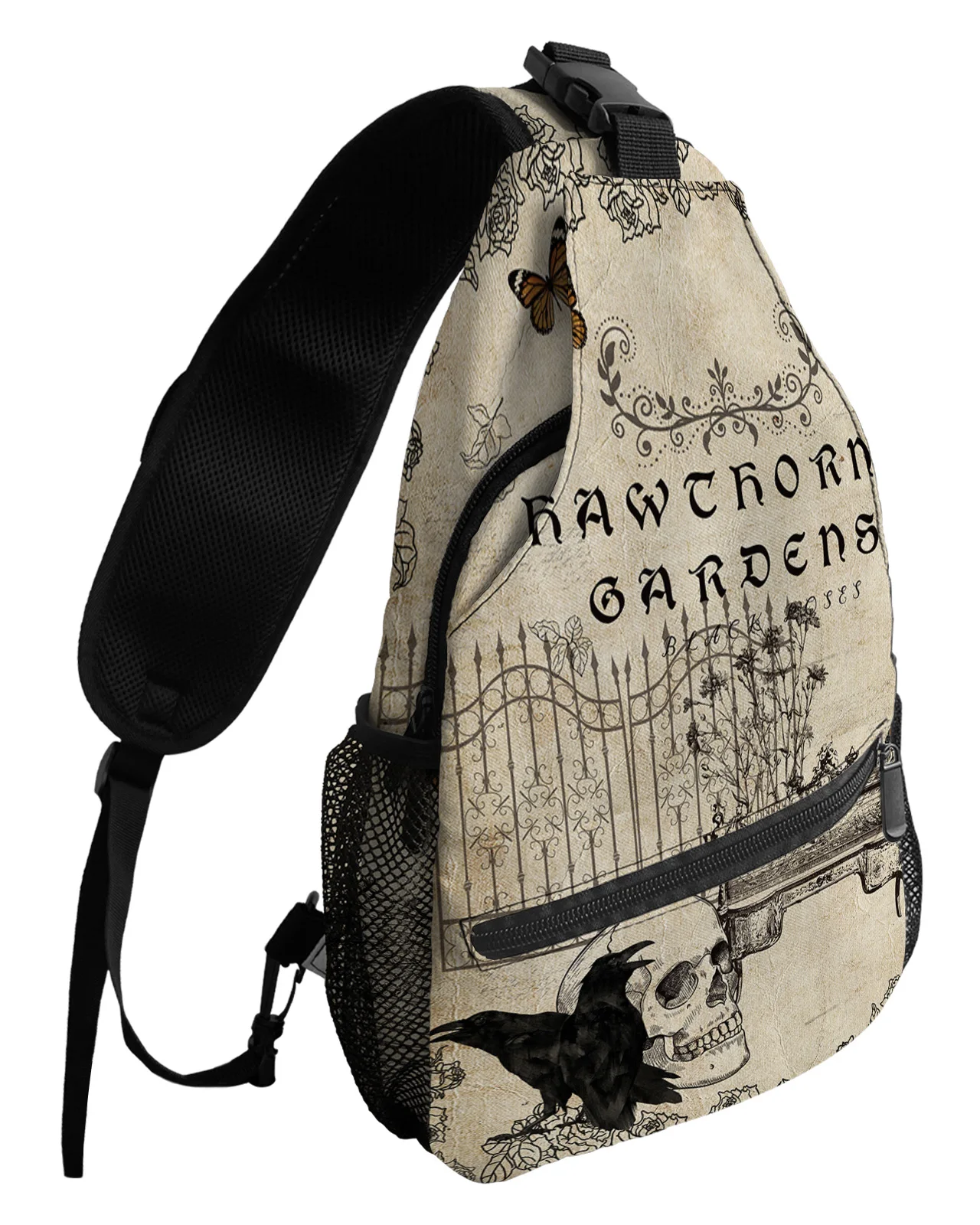 Halloween Crow Skeleton Chest Bag for Men Women Casual Crossbody Bag Outdoor Travel Climb Waterproof Sling Bag