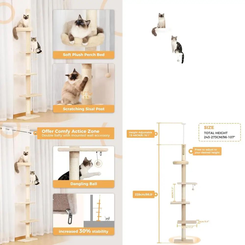 

5-уровневая регулируемая лежанка-когтеточка для кошек: высокая лестница для лазания (95-107 см) с когтеточкой, уютной лежанкой и интерактивной игрушкой-мячиком для домашних кошек
