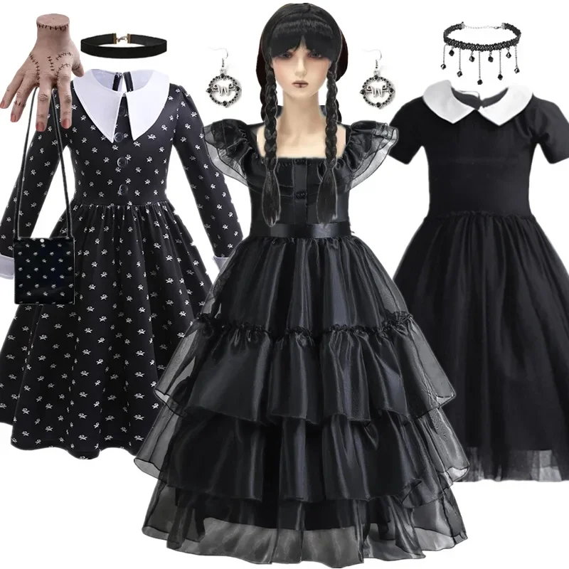 2024 Wednesday Children Girl Dress Costume for Girls Kids Halloween Carnival Cosplay Black Gothic Party Dresses for Girls