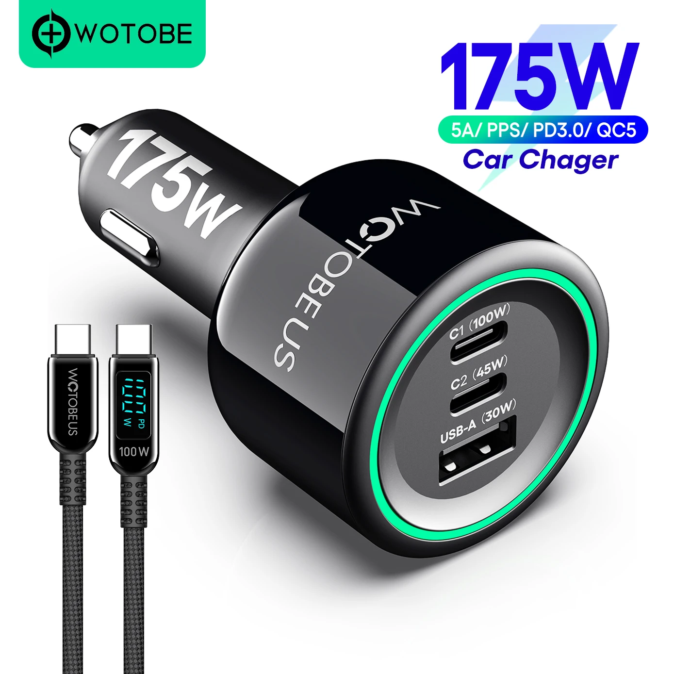 WOTOBE USB C Car Charger 175W, QC5 PD 100W PPS 65W45W 30W QC3.0 18W for mi12 Matebook Type-C laptop MacBook iphone 14 Galaxy S22