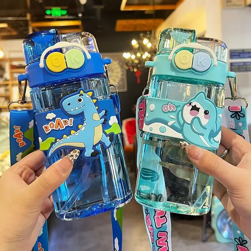 

New Cartoon Plastic Cup High Temperature Resistant Kids Student Cute Dual Straw Water Bottle with Strap