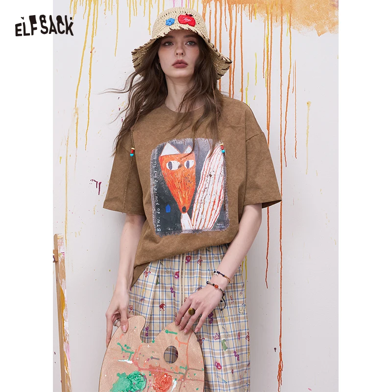 

ELFSACK Retro Graphic Short Sleeve T-Shirt with Vintage Poster Print, Classic Crewneck Casual Tee, Soft Daily Summer Top