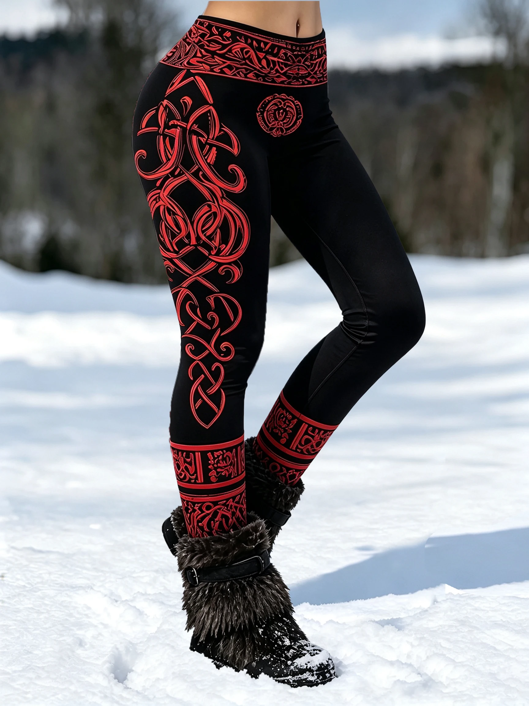 Printed Leggings, Viking‑Style 2D Print Skinny Long Pants, Casual Sports Trousers