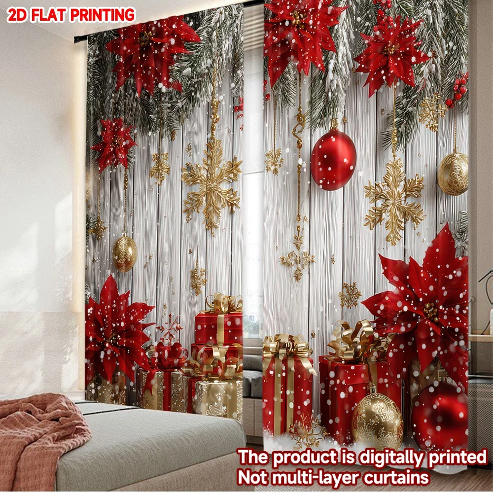 2D-Flachdruck, 2 Stück, frohe Weihnachten, trendige Vorhänge, Weihnachten, rote Dekorationen, Schnee, digital bedruckte Polyester-Vorhänge, Familie