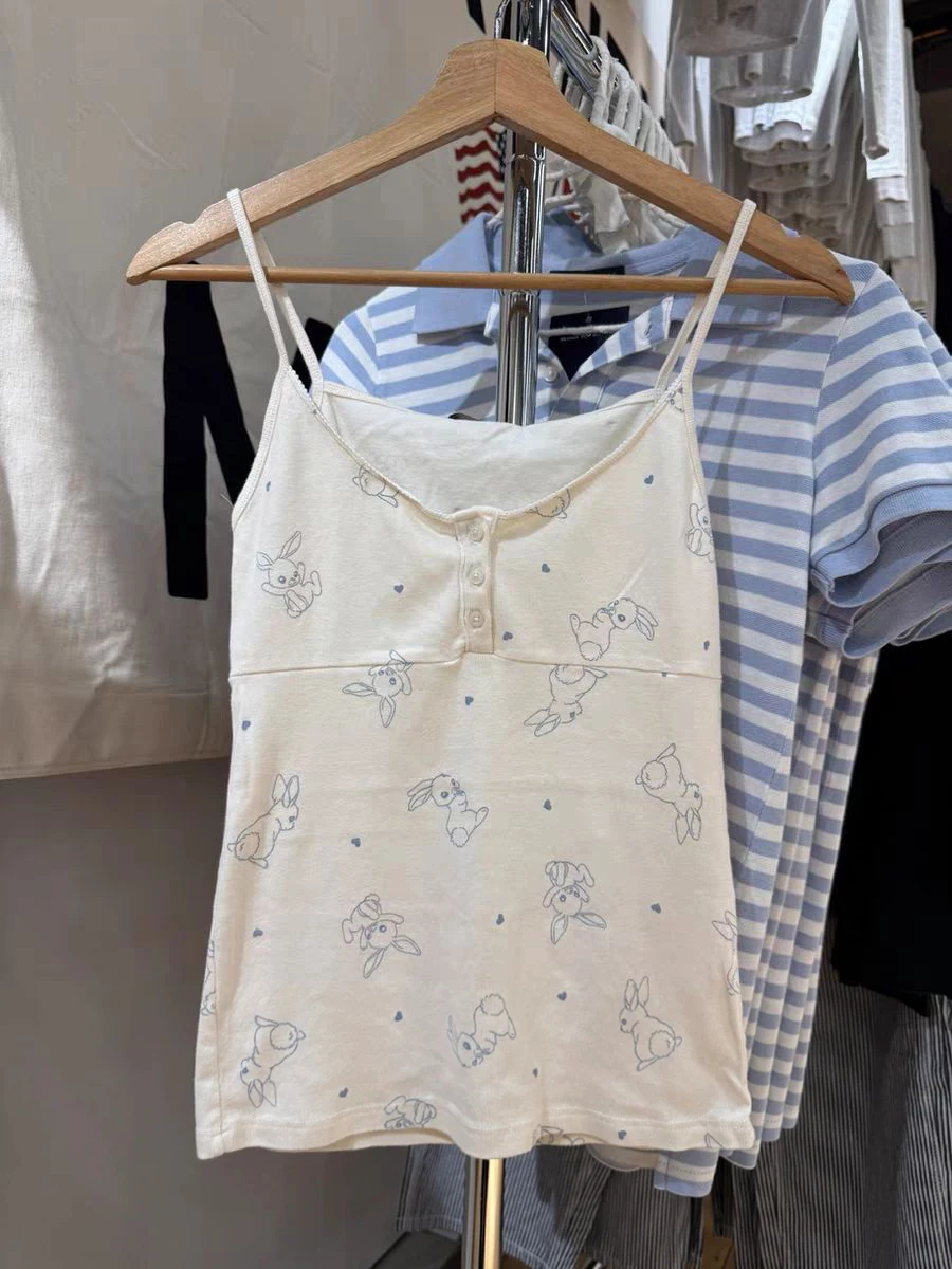 토끼 프린트 코튼 슬림 탱크탑 여성 여름 3버튼 레이스 트림 캐미솔 스윗 귀여운 캐주얼 민소매 베스트 Y2k 탑 신상