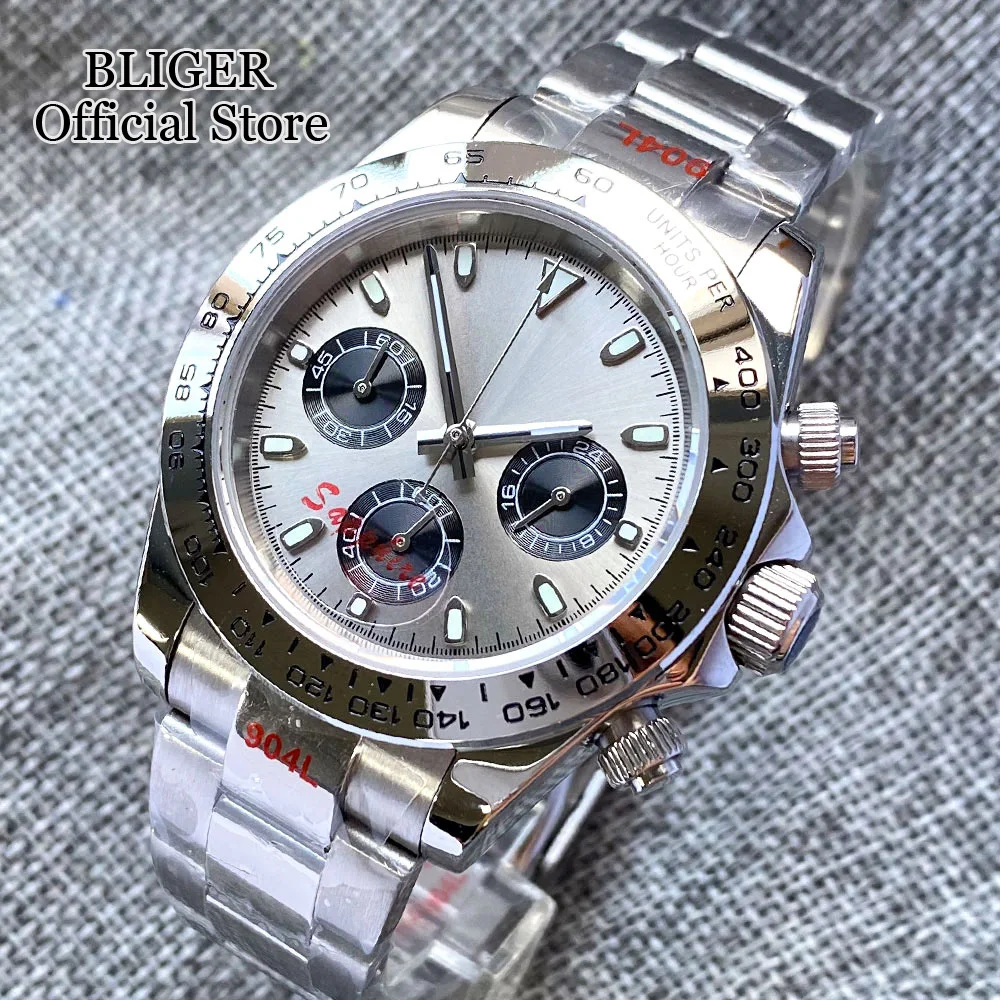 Luxury Fashion 39mm Quartz Chronograph Business Watch For Men VK63 Movement Sapphire Crystal Grey Dial Silver Steel Bezel Insert