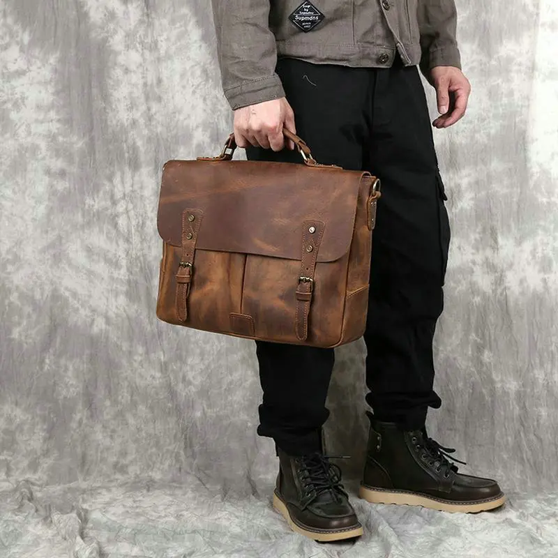 Retro Crazy Horse Leather Handbag Men\'s Multifunctional First Layer Leather Business Bags Casual Shoulder Messenger Briefcase