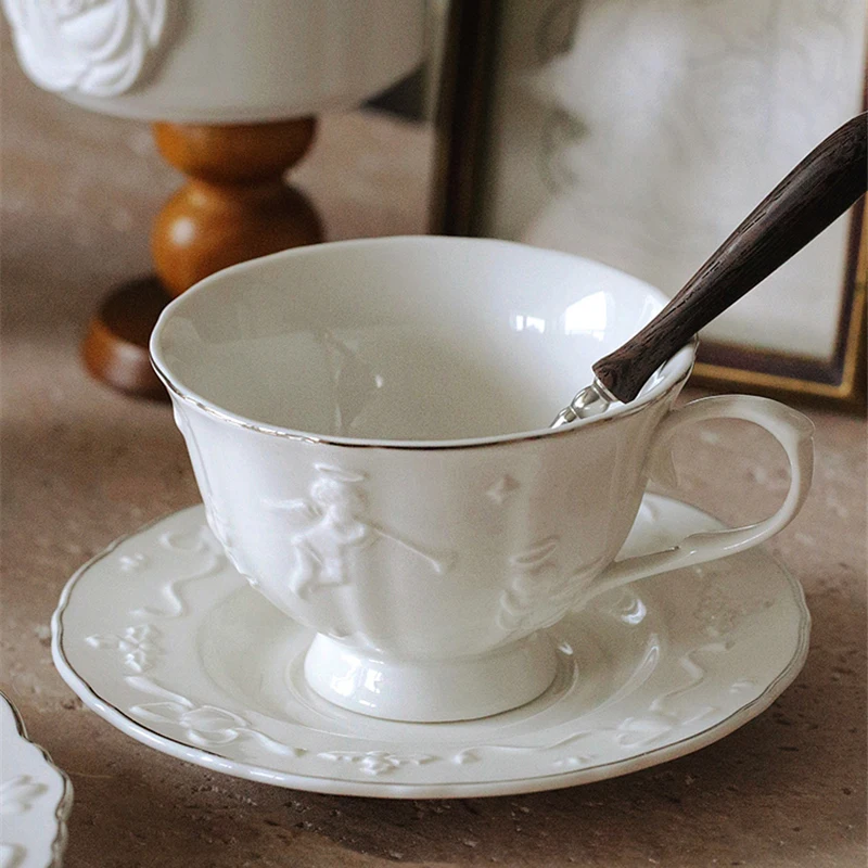 Ceramic Cup and Saucer White Embossed Angel Handmade Coffee Cup Saucer Oval Plate French Elegant Tableware Fruit Dessert Bowl