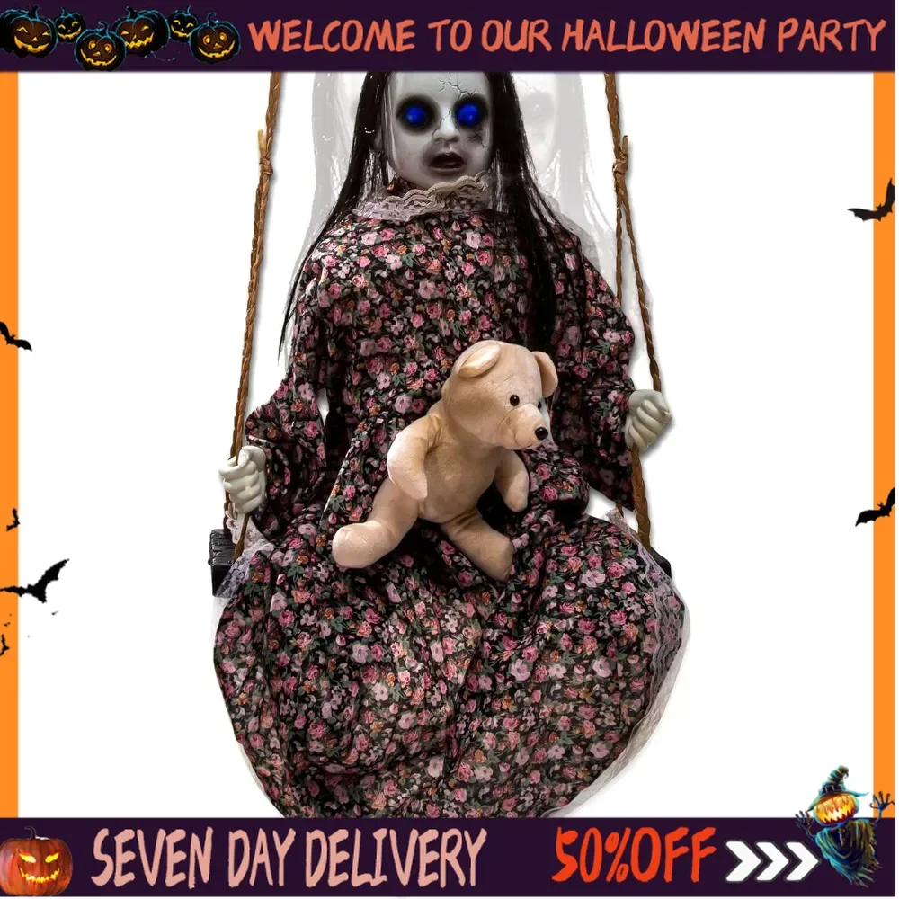 

Halloween Decorations 4.5ft Animatronics Hanging Swinging Doll with Sound & Sensor Activated, Creepy Sound, Light Up Eyes