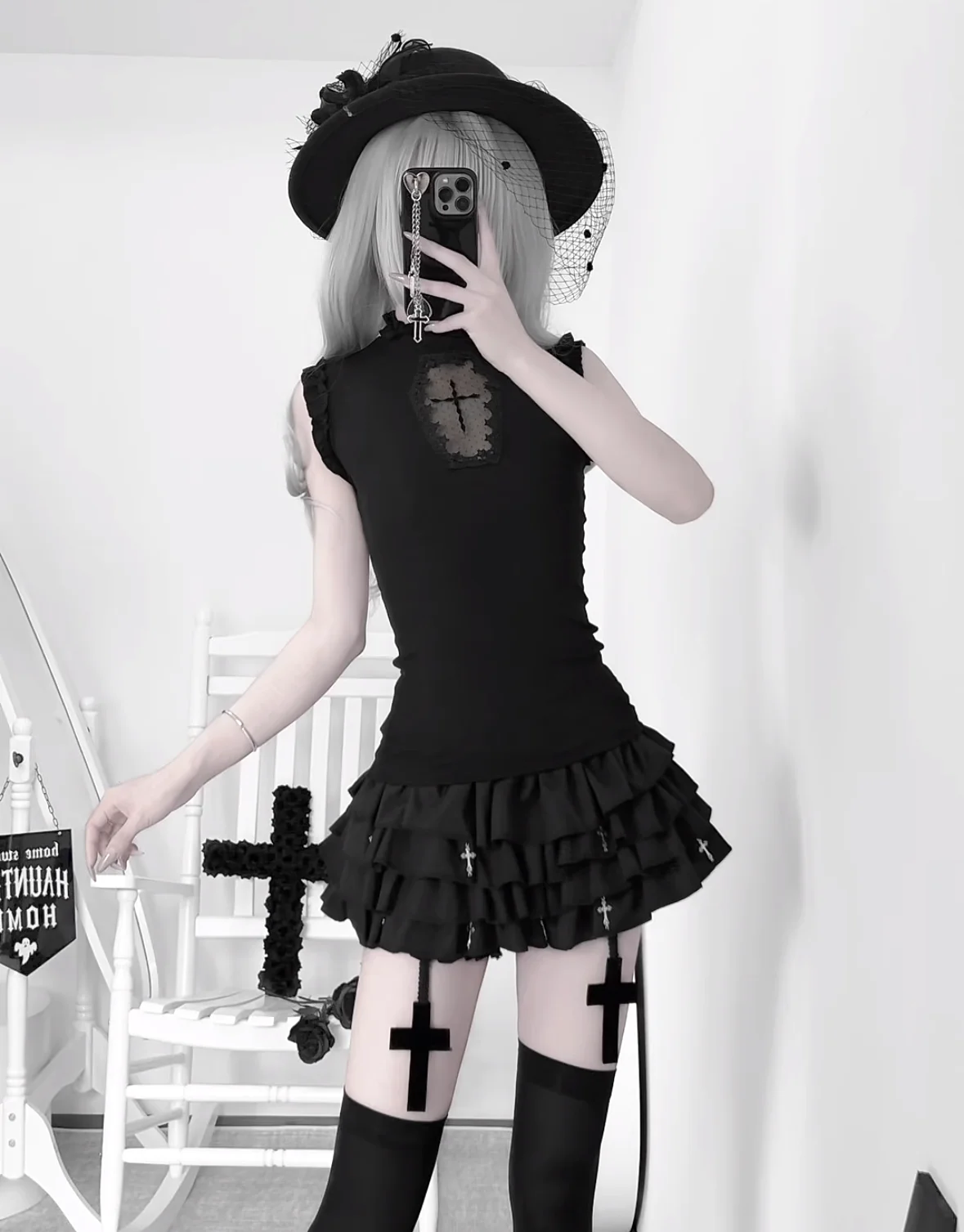 Subculture Dark Gothic Lolita Cross Embroidery Cut-Out T-Shirt Top Y2K Punk E-Girl Slim-Fit Mini Tiered Puffy Skirt Women's