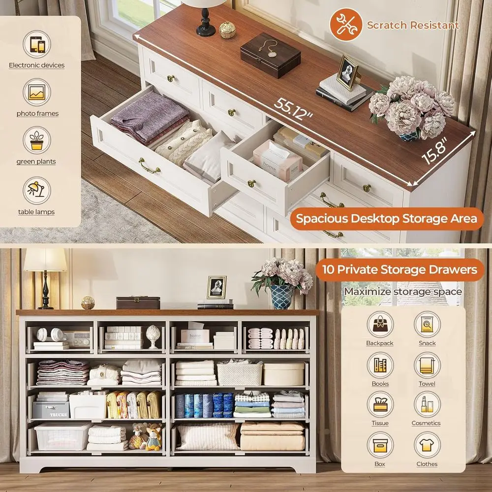 素朴な木製収納キャビネット、寝室用の深い引き出し付き、幅55.1インチ、ヴィンテージハンドル