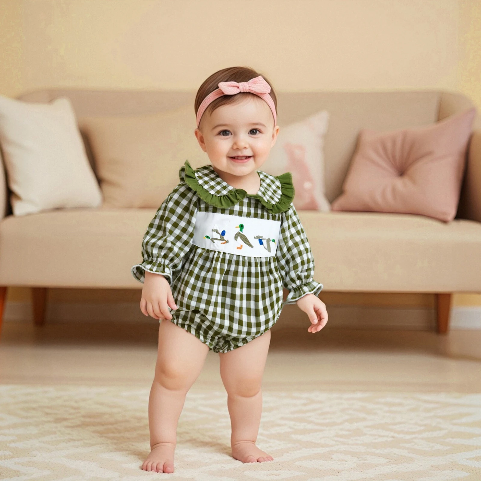 Baby Girls Rompers Duck Embroidered Plaid Doll Collar Long Sleeve Infant Fall Bodysuits Jumpsuits 0-18M