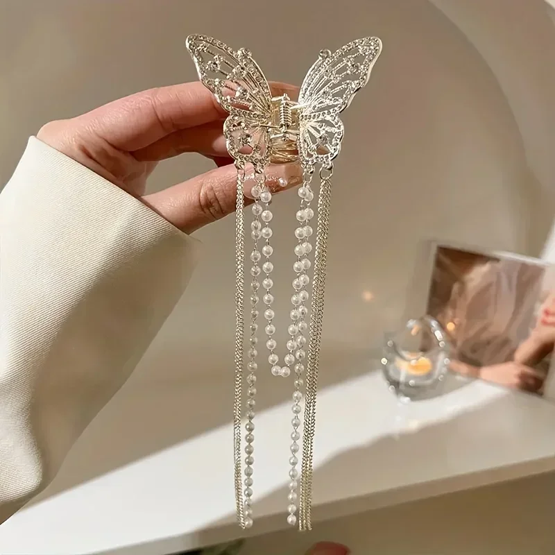 1Pcs Full Diamond Hollow Butterfly Tassel Hair Accessories, Pearl Bead Chain Back of The Head Grab Clip, Zinc Alloy Shark Clip