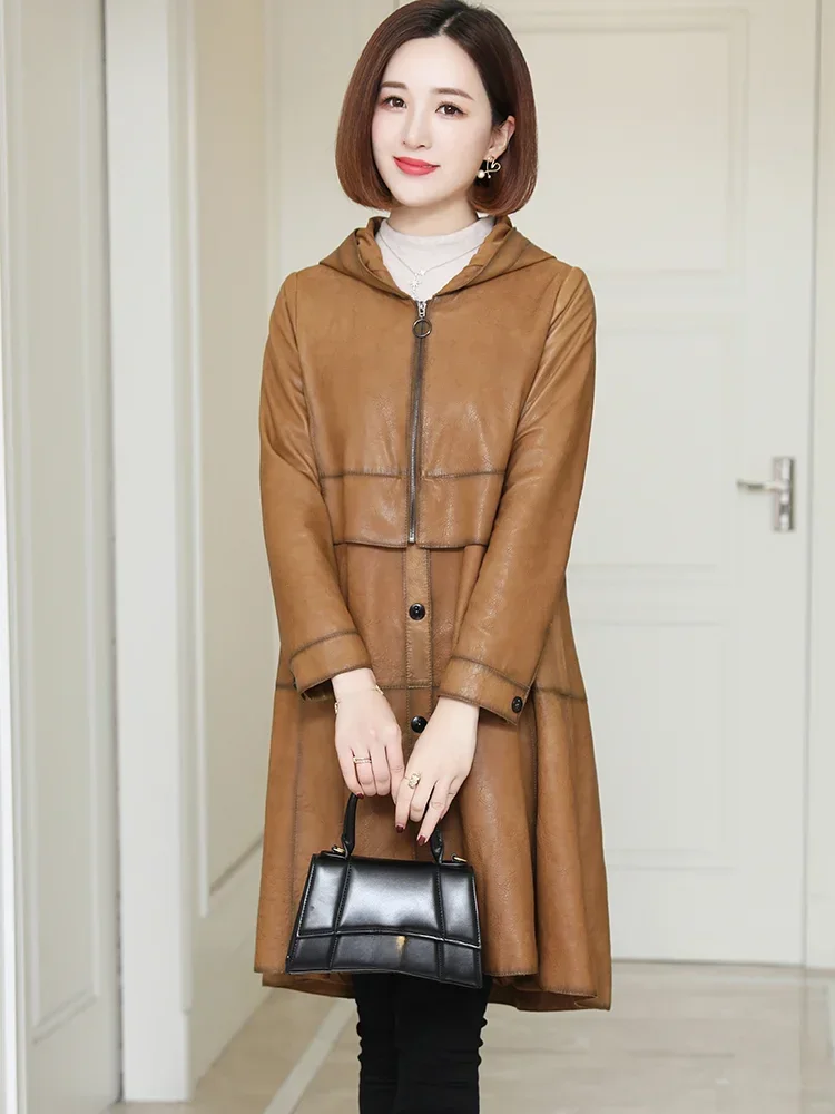 2024 Echt Leren Jas Dames Trenchcoats Koreaanse Mode Echte Schapenvacht Leren Jas Elegante Leren Jassen Met Capuchon SGG