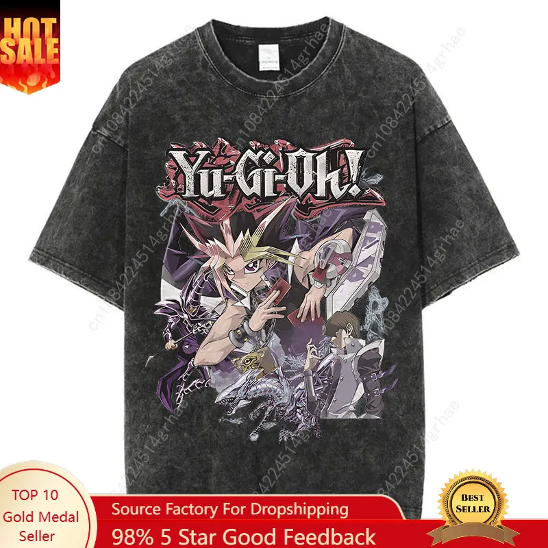 

Japanese Anime Yu Gi Ou Print Vintage Washed Tshirt Harajuku Streetwear Graphic T-Shirt Summer Short Sleeve Cotton Tshirt