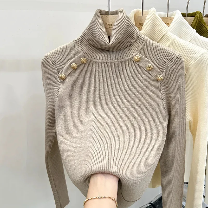 2025 الخريف والشتاء جديد سترة الكشمير المعنقة المرأة الياقة المدورة طويلة الأكمام متماسكة البلوز ضئيلة سترة الكشمير المعنقة #4