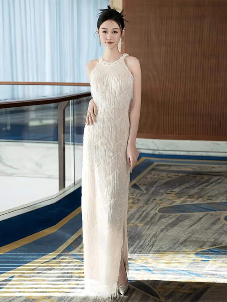 

Ele Light Wedding Dr for Bride with Fine iny Tassels Fi Tail Skirt Heavy Embroidery White Hanging Ne Sle Long ...