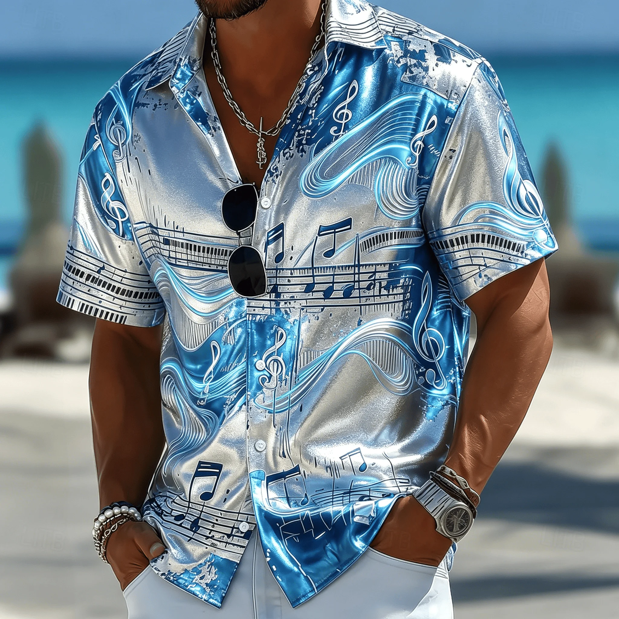 

Men's Music Note Print Short Sleeve Shirt, Blue and Silver Style for Spring and Summer, Beach Vacation Casual Wear