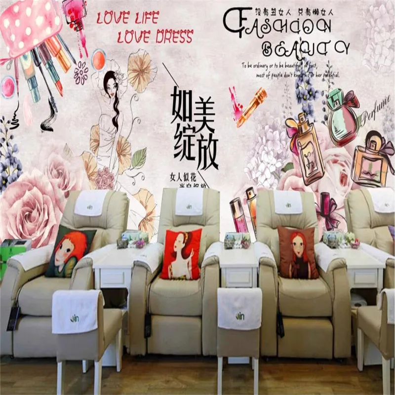 Fashion Cosmetics Shop Beauty Salon Hand Painted Pink Background Wallpaper Makeup Studio Industrial Decor Mural Wall Paper 3D