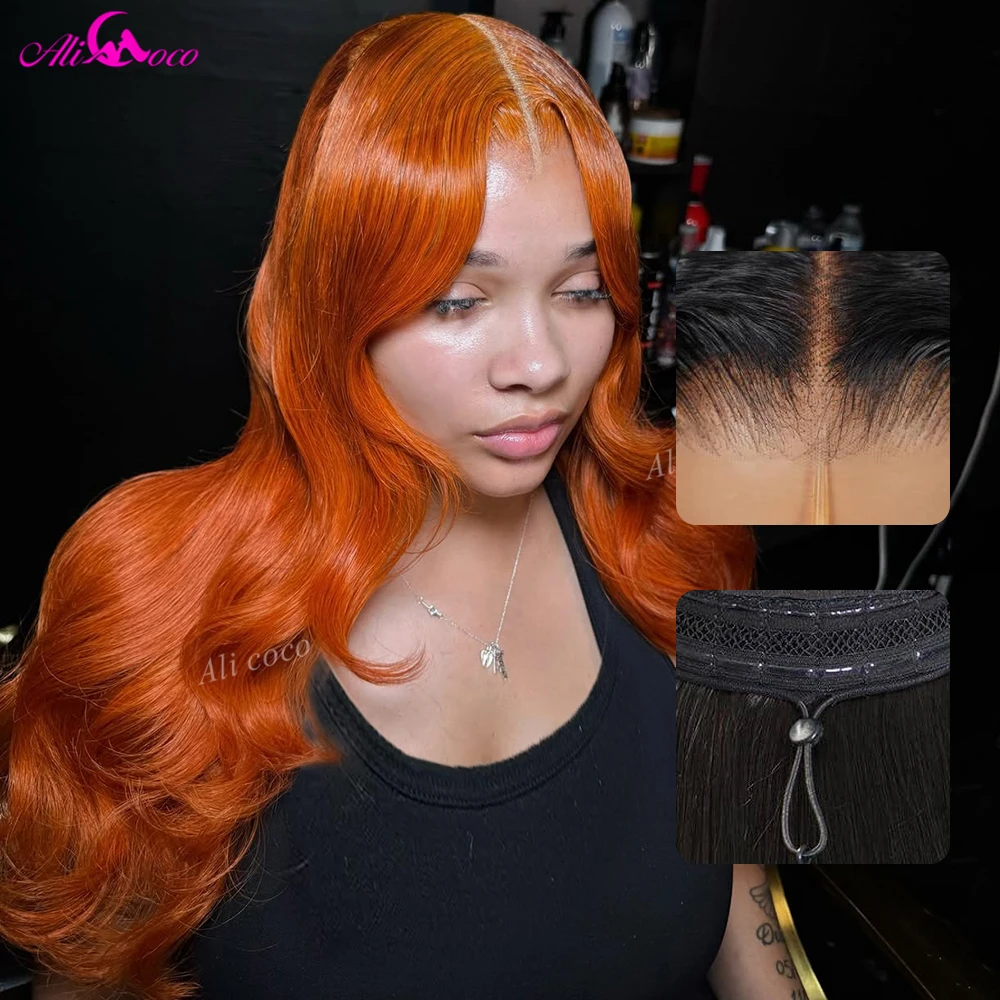 13x6 Drawstring Glueless Wigs for Women Shiny Ginger Orange Colored 200 Density Body Wave Lace Front Wigs Human Hair