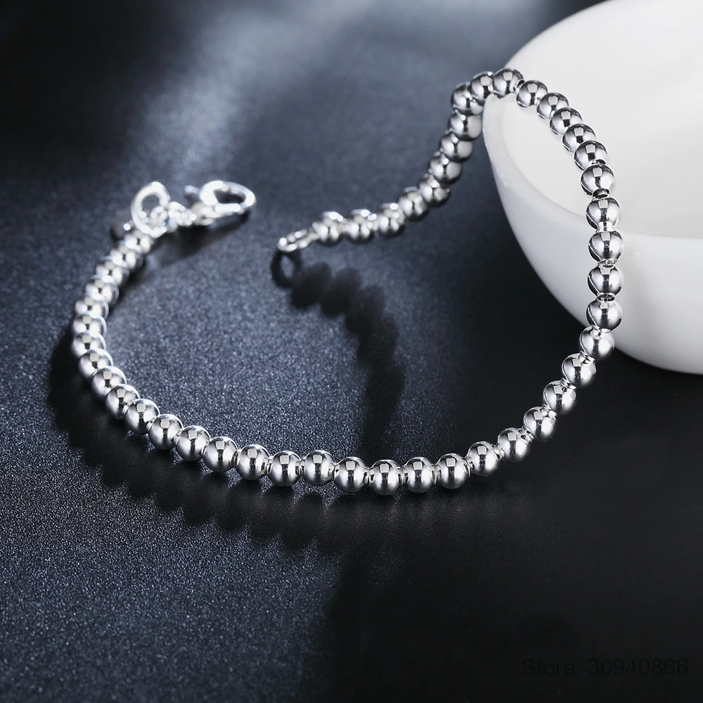 925 Sterling Silver Bead Ball Charm Bracelet 4mm 6mm 8mm 10mm Bracelet for Women Fine Jewelry for Banquet Wedding Anniversary