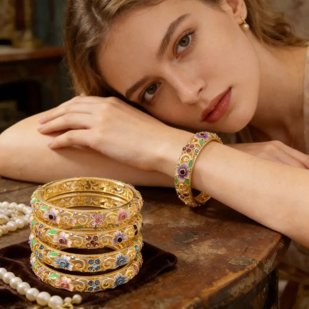 

Double Layered Chinese Cloisonne Bangle Hollow Wire Exquisite Enamel Art Jewelry Elegant Zircon Cloisonne Bracelet Ethnic Style