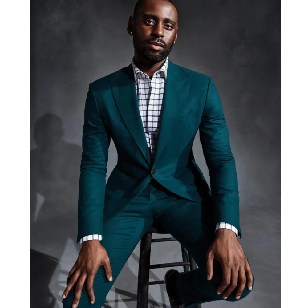 Green One Button Men Suits Green Peak Lapel Blazer Skinny Wedding Outfits Set Slim Fit 2 Piece Jacket Pants Set Costume Homme