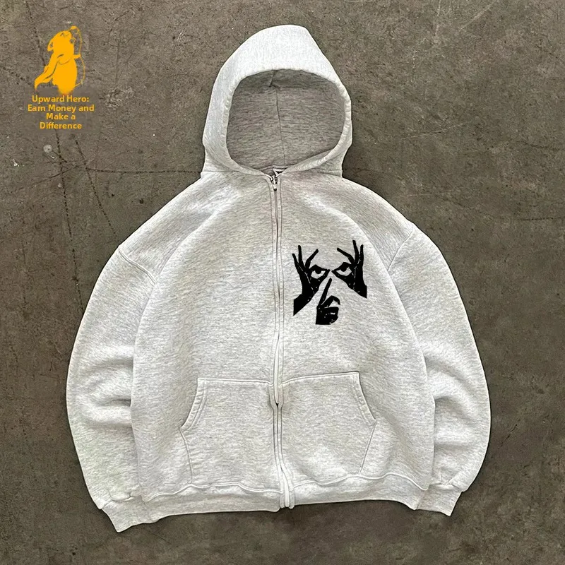 Loose Fit Zipper Hoodie Men's Casual Outerwear Spring Autumn Winter Youth Fashion Long Sleeve Sweatshirt with Character Pattern