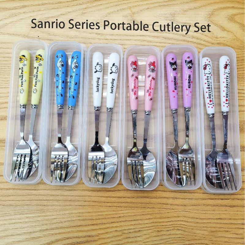 Sanrio Series Kuromi Melody Kitty Cinnamon Dog Pudding Dog Cute Cartoon Portable Cutlery 2 Piece Set Kids Fork Spoon  Actuals