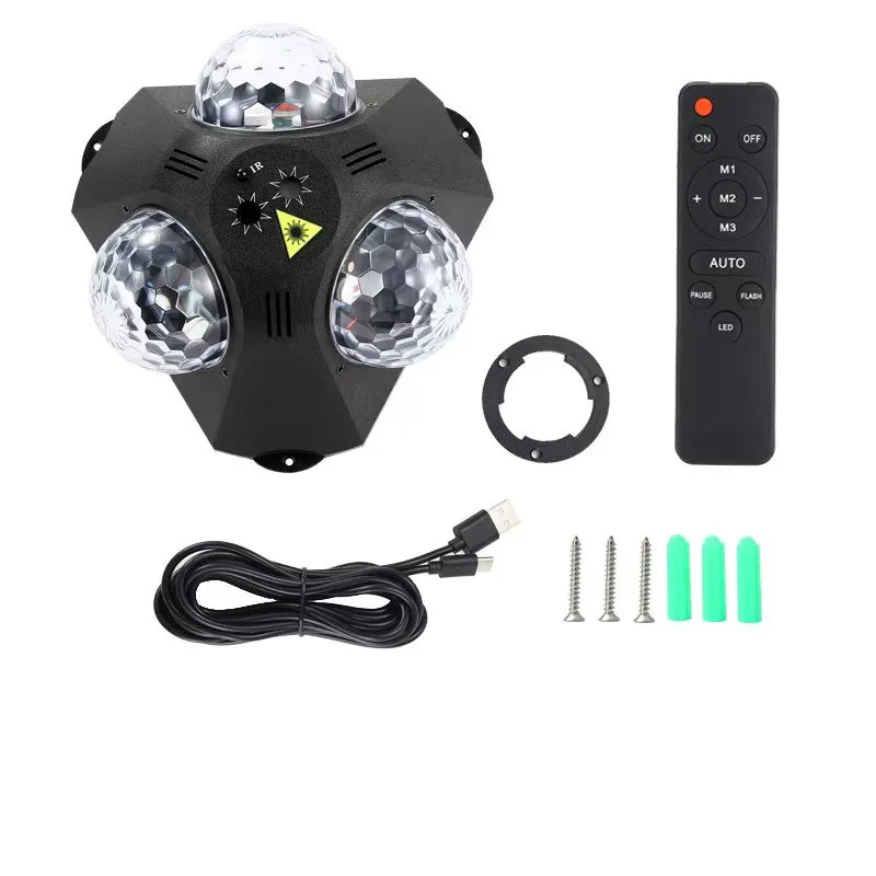 Party Light DJ 3-kopige discoballamp met patroonprojectie en geluidsbesturing, afstandsbediening laserlicht RGB kleurrijk achtergrondlicht strobe podiumverlichting geschikt voor feesten, indoor dans,