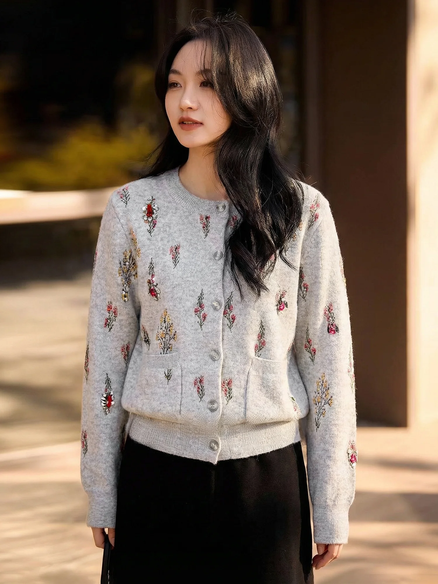 

Корейский вязаный кардиган Chivirin с цветочной вышивкой, шерстяной, женский, весенний, с круглым вырезом, длинными рукавами, универсальный