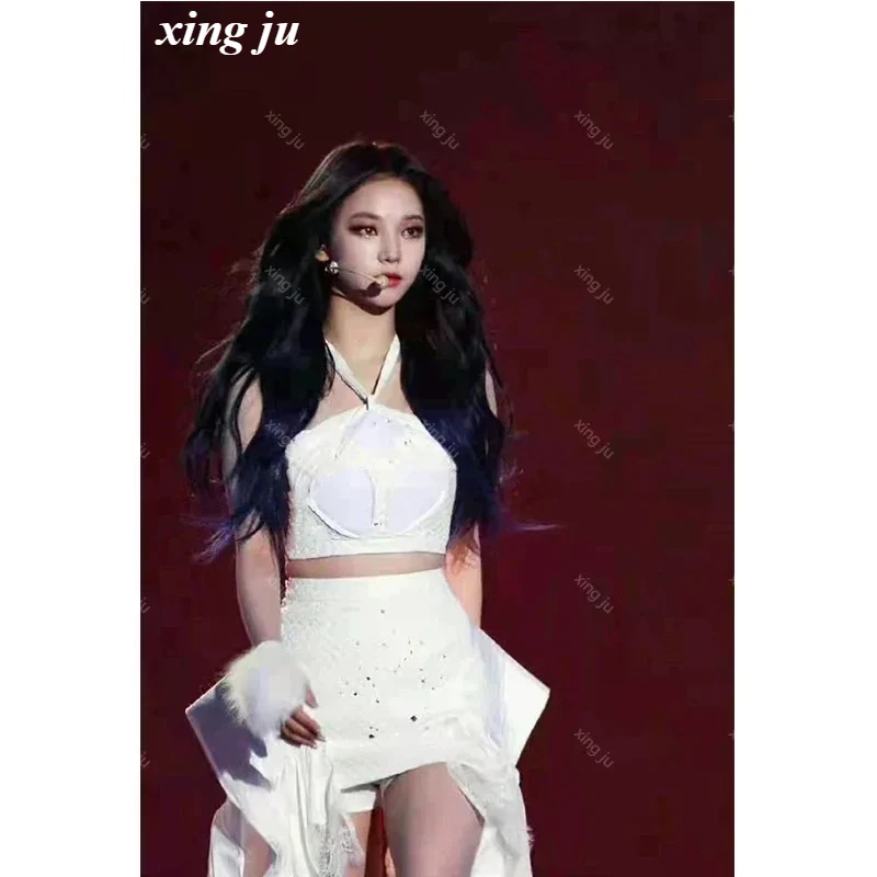 ใหม่Kpopผู้หญิงเกาหลีกลุ่มแจ๊สDancewearสีขาวสลิงCrop Topเลดี้เซ็กซี่เต้นรํากระโปรงไนท์คลับDJชุดหญิงเครื่องแต่งกายเวที